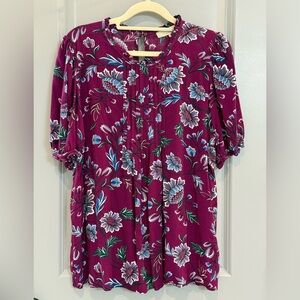 LOFT Magenta Floral Pintuck Blouse with Blue & Green Accents